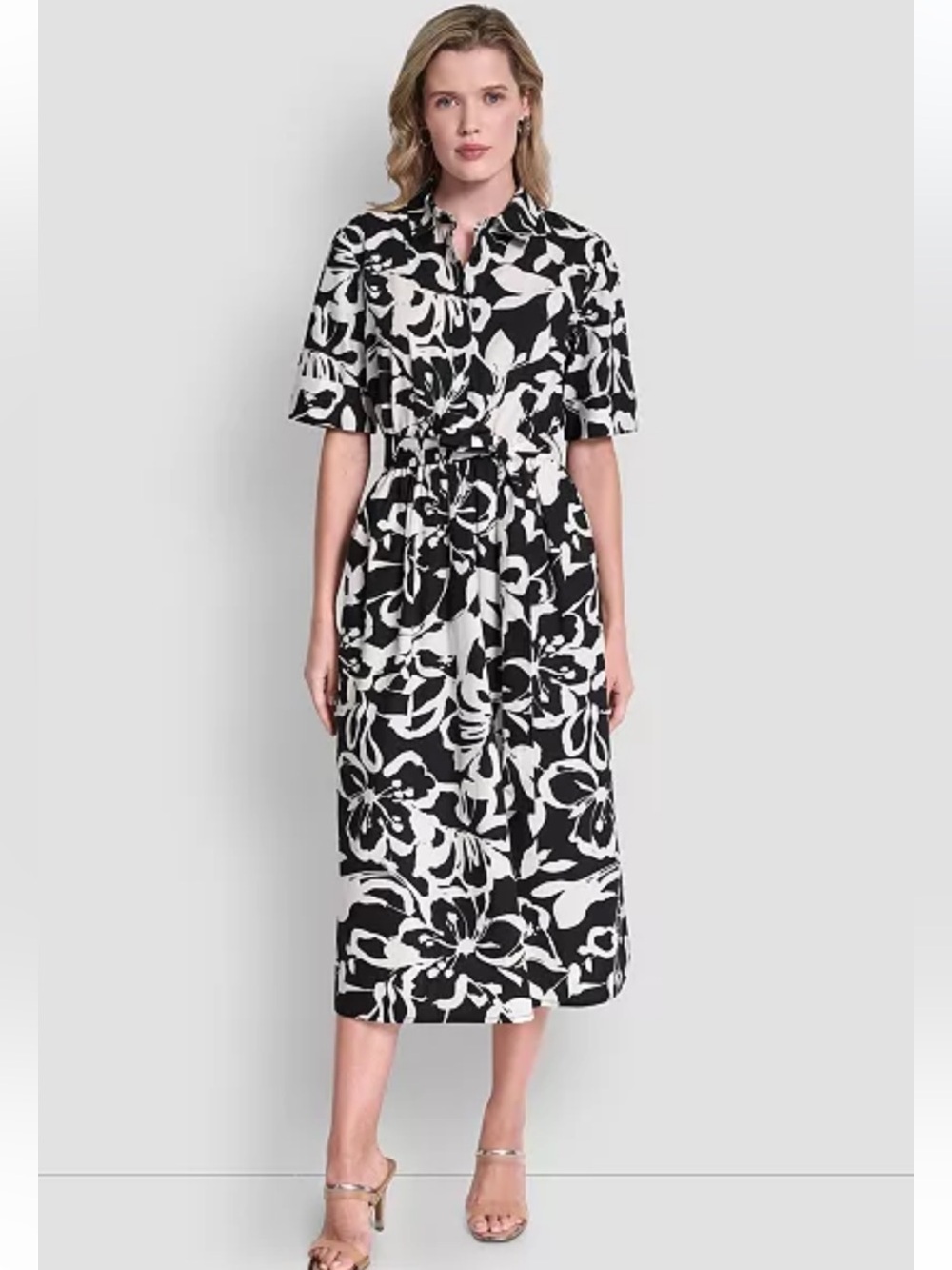 DKNY Women's Elbow Sleeve Collared Neck Floral Midi Shirtdress Tie Waist Size 14